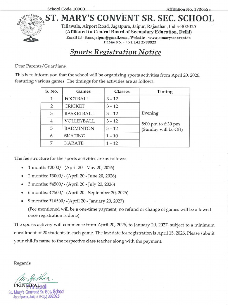 Sports Registration Notice | PDF