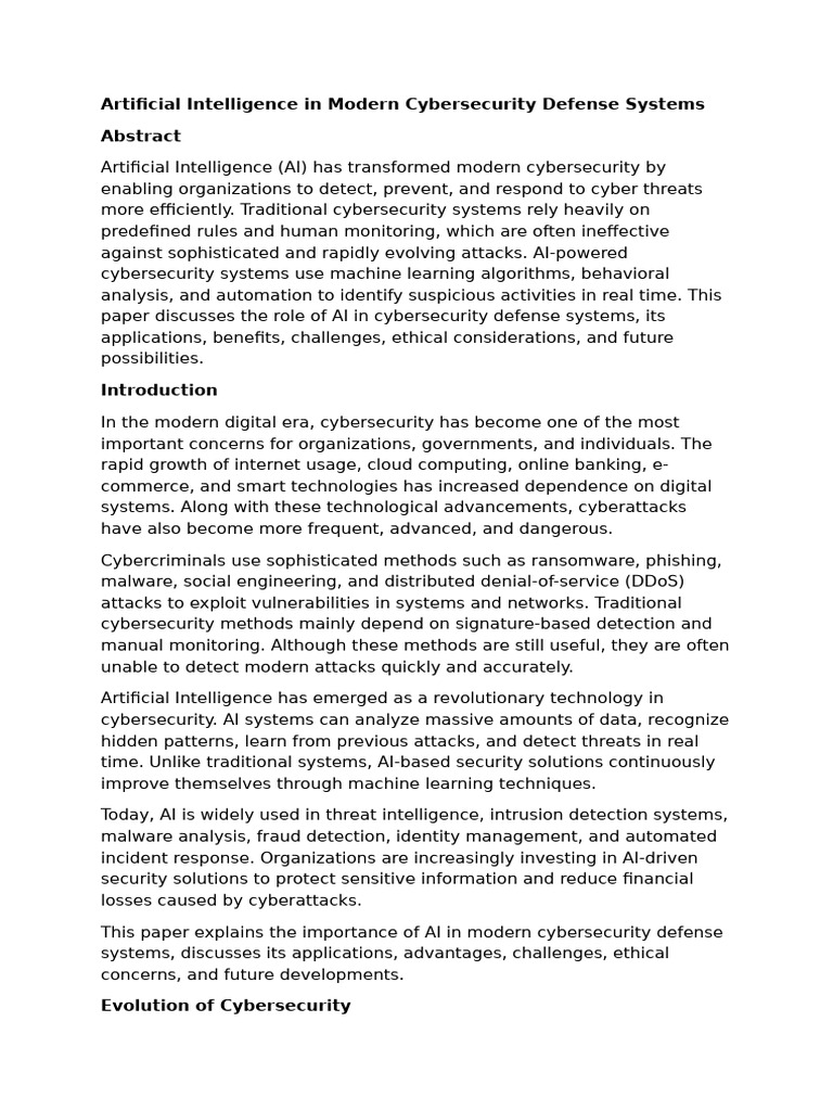 Artificial Intelligence in Modern Cybersecurity Defense Systems | PDF ...