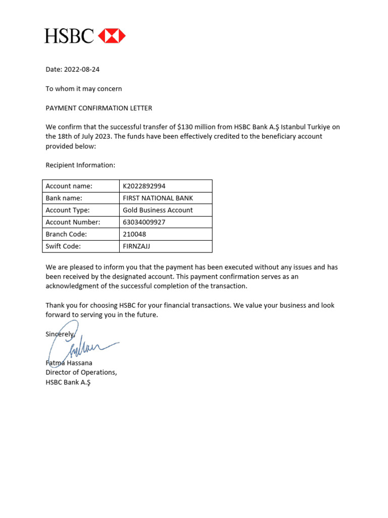 HSBC Trans Confirmation Letter | PDF