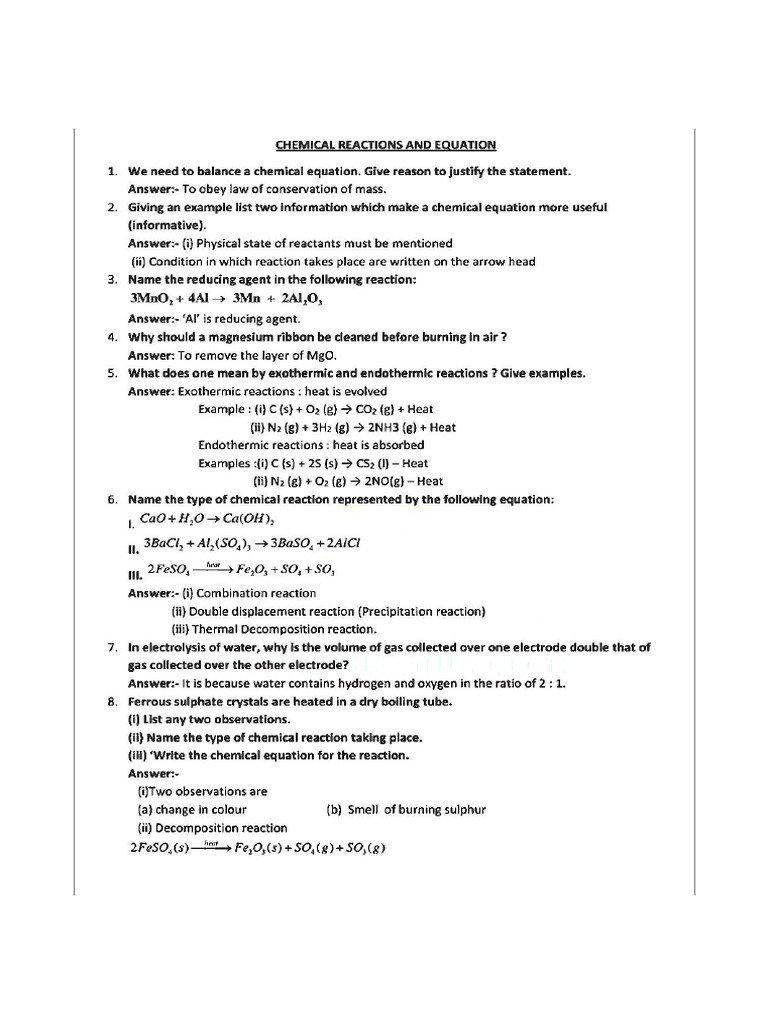 Chemical Equation and Reaction Questions and Answers | PDF