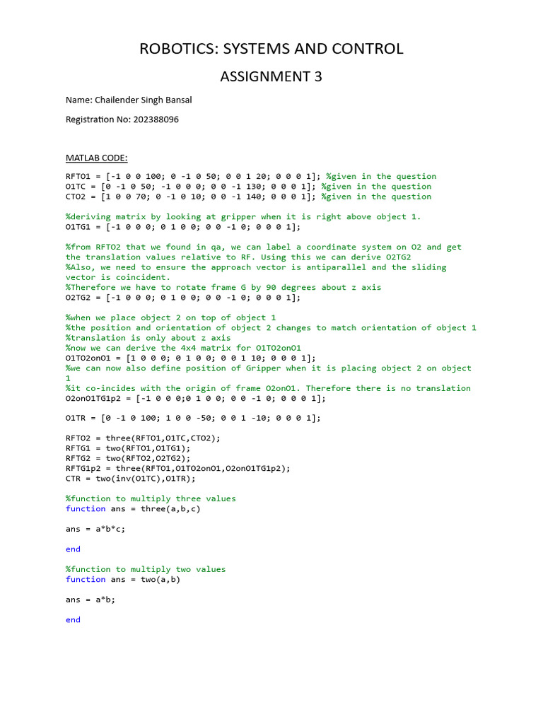 Robotics Assignment 3 | PDF | Rotation | Cartesian Coordinate System