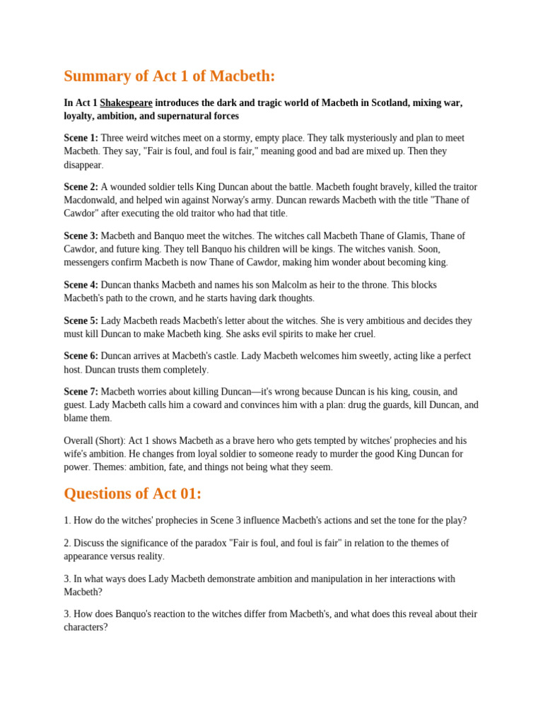 Summary of Acts of Macbeth | PDF | Macbeth | Shakespearean Tragedies