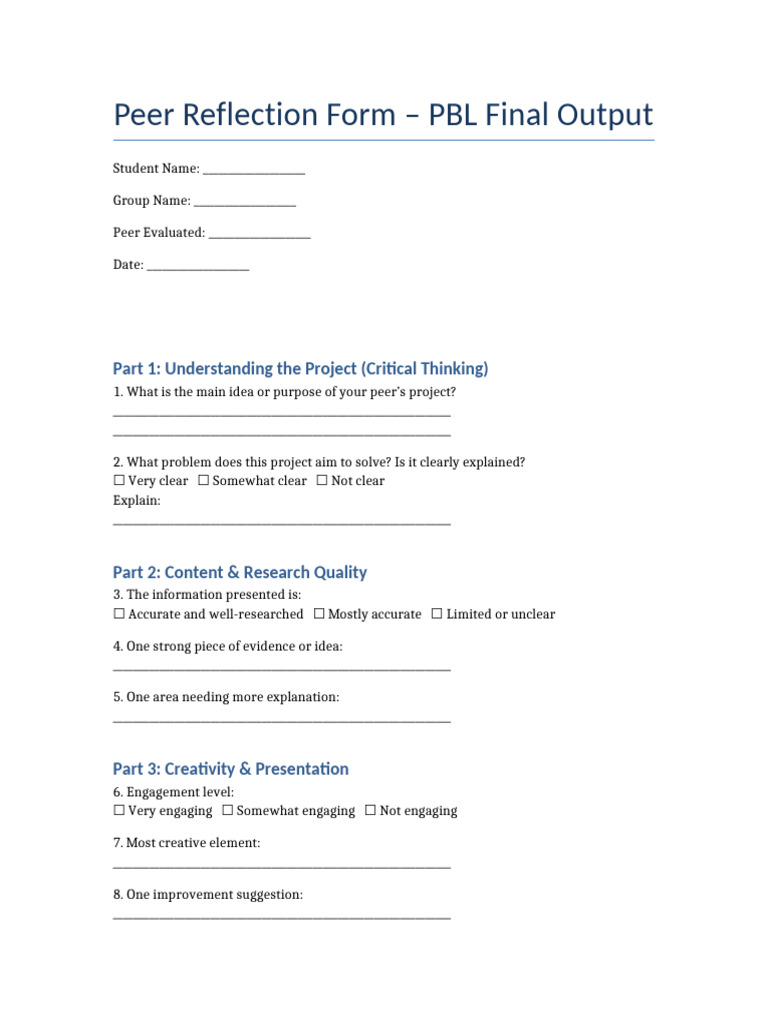 PBL Peer Reflection Form | PDF | Creativity | Chess Openings