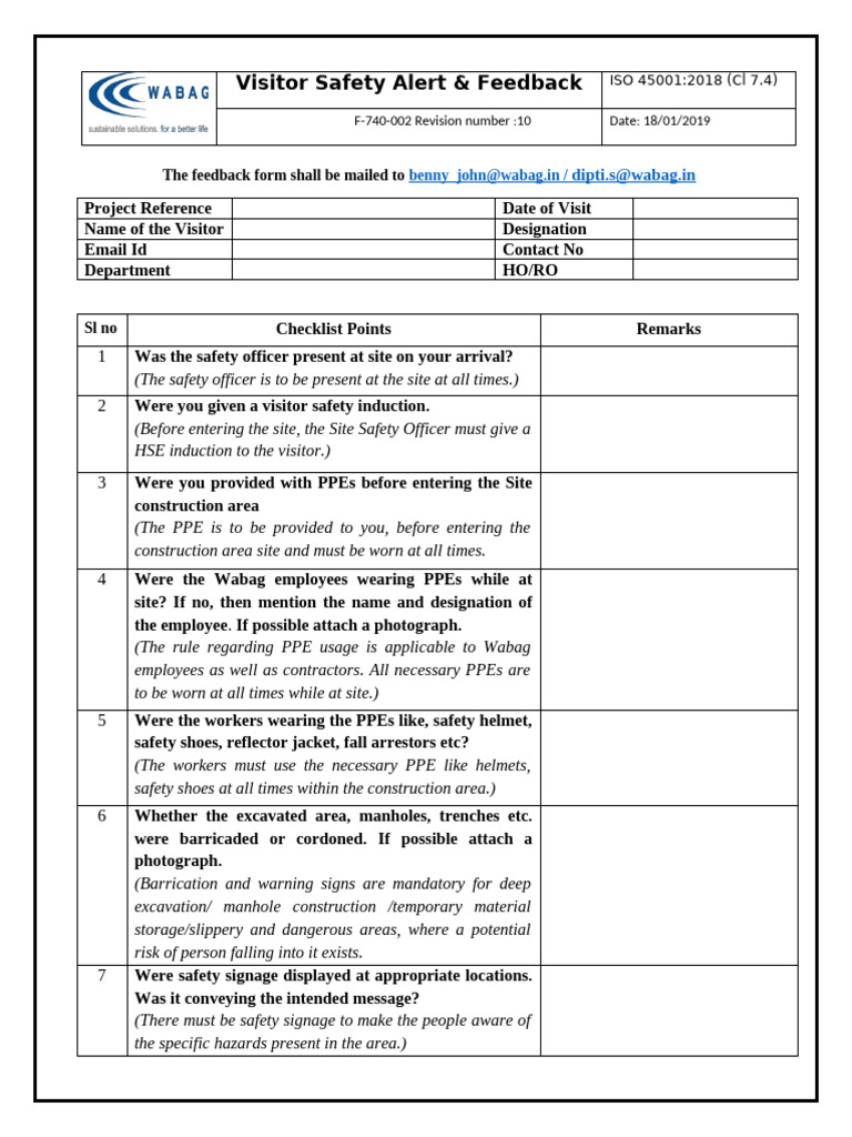 F-915-004 Visitor Safety Alert & Feedback | PDF | Personal Protective ...