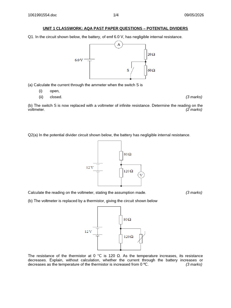 1.04 AQA Potential Divider | PDF | Electrical Resistance And ...