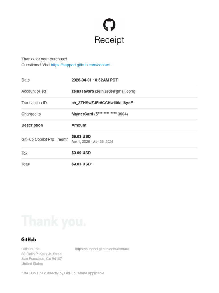 Github Zeinasavara Receipt 2026-04-01 | PDF