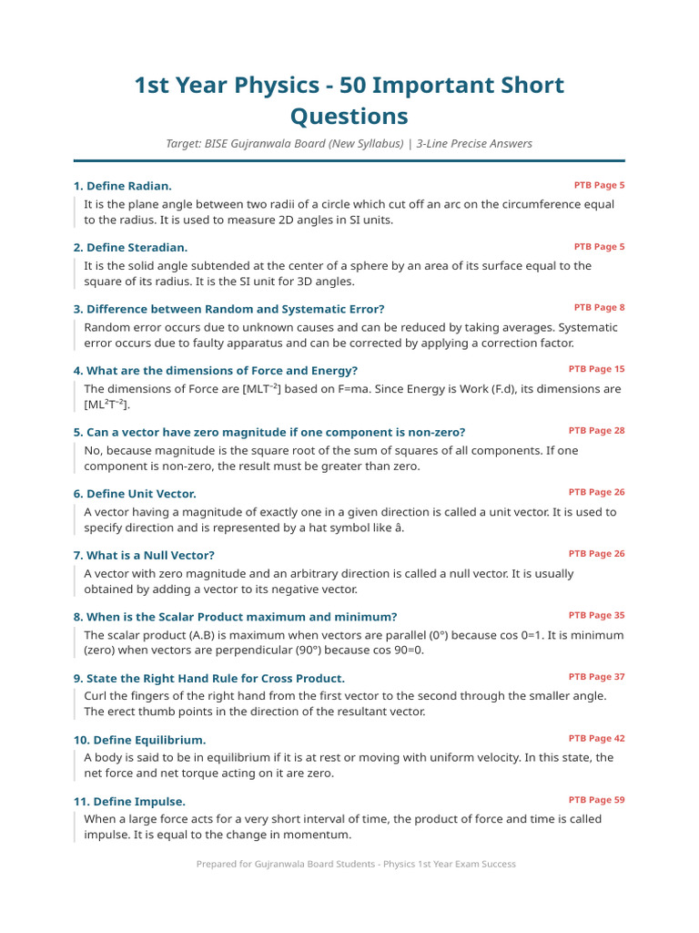 Physics 1stYear Top50 Short Questions (1) | PDF