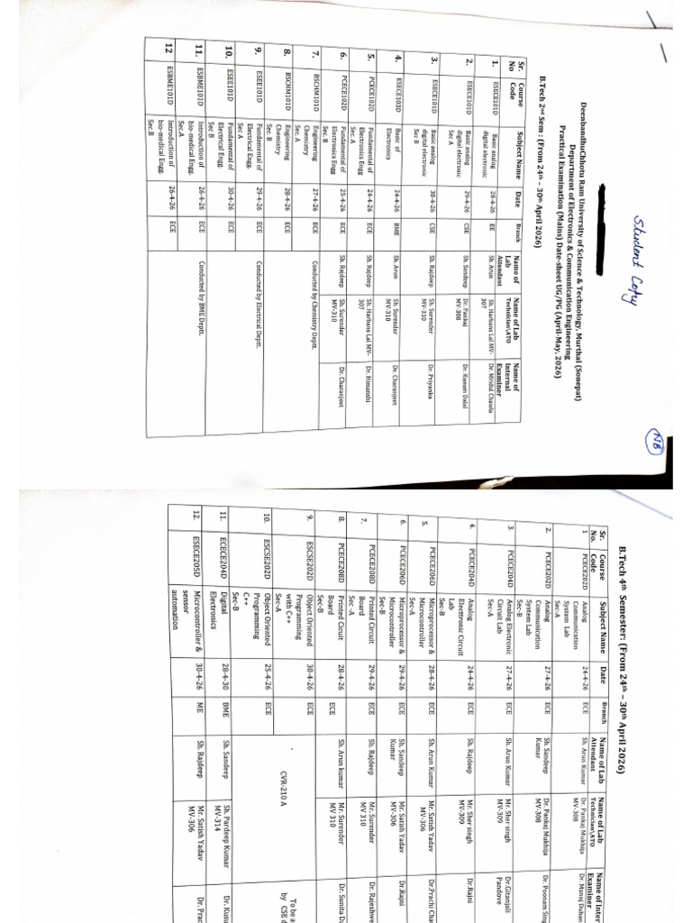 Student Copy of External Practical Datesheet April May 2026 | PDF