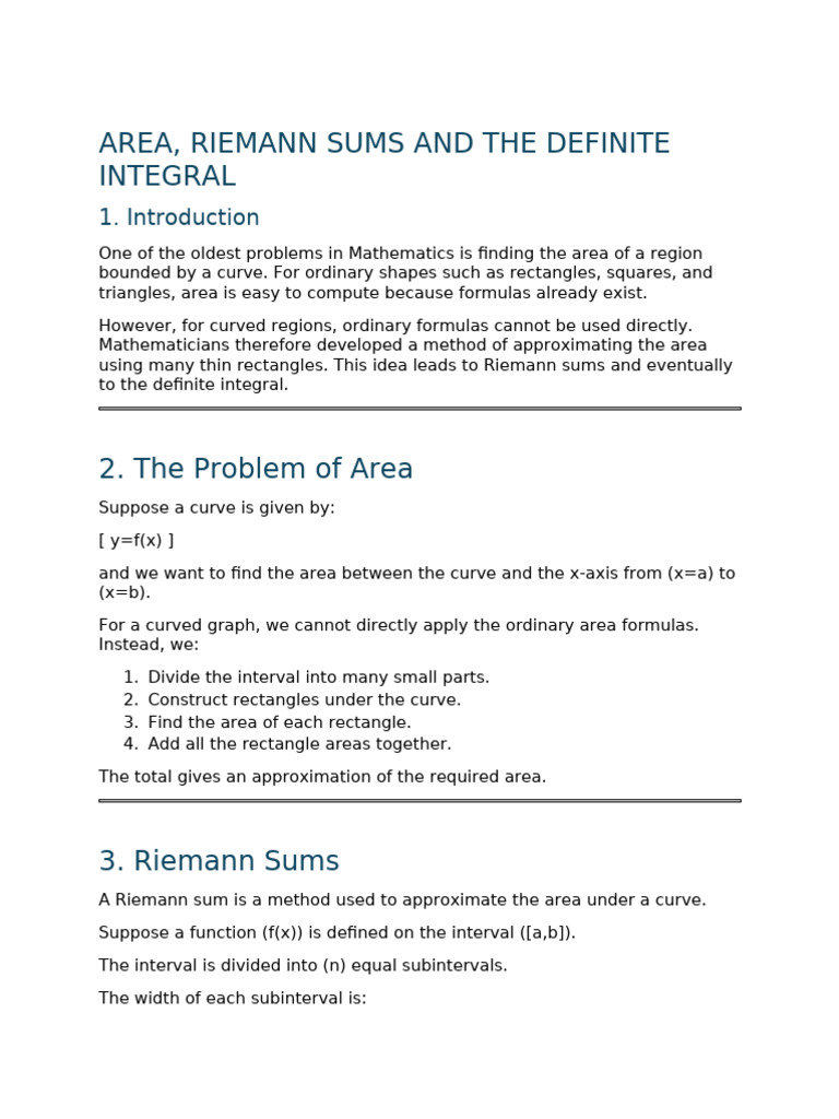 Riemann Sums Definite Integral Detailed Notes | PDF | Integral | Area