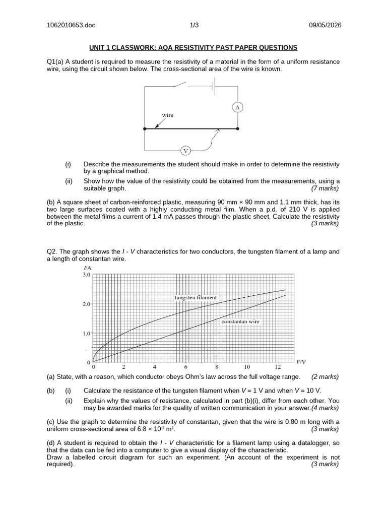 1.03 AQA Resistivity | PDF | Electrical Resistance And Conductance ...