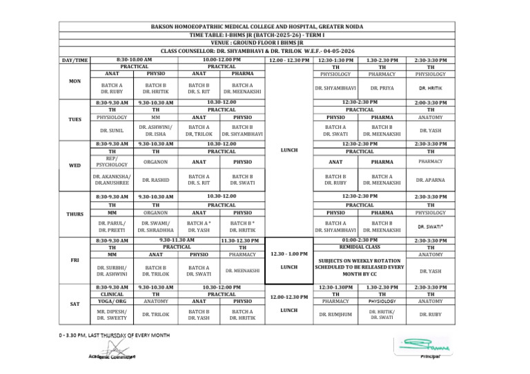 Time Table Ist Yr Jr | PDF