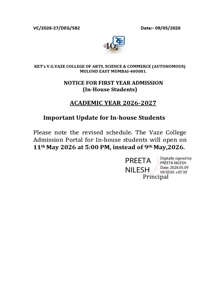Notice for FY in-House Students Academic Year 2026-2027 | PDF