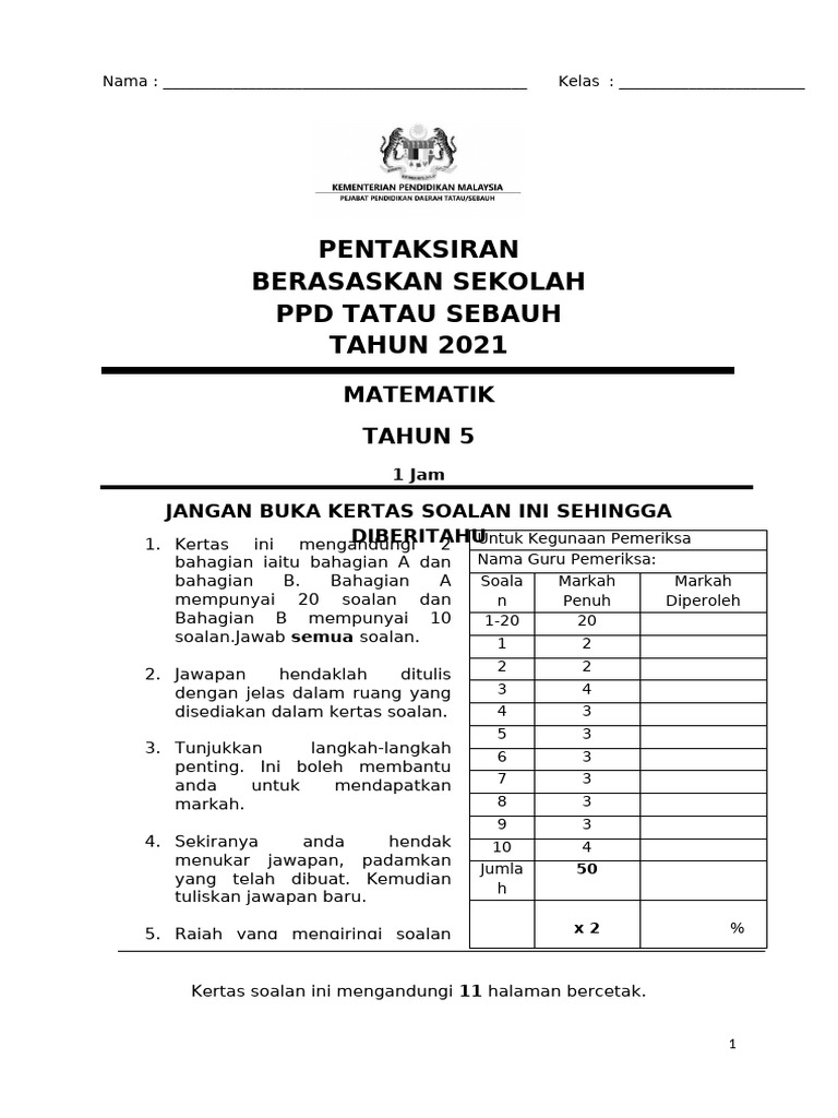 Matematik Tahun 5 Set 2 (70%) | PDF