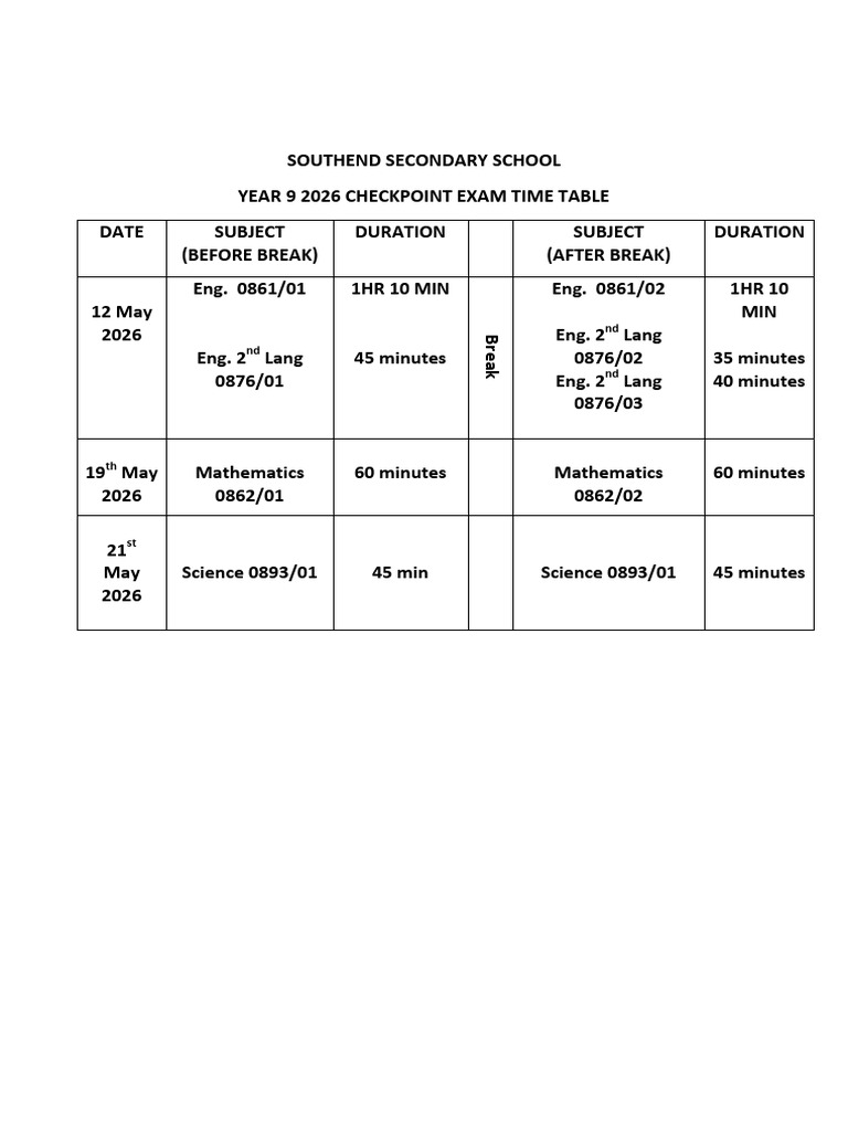 2026 Checkpoint Exam Timetable | PDF