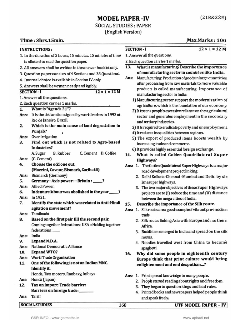 SSC Social UTF Model Paper 4 With Key | PDF