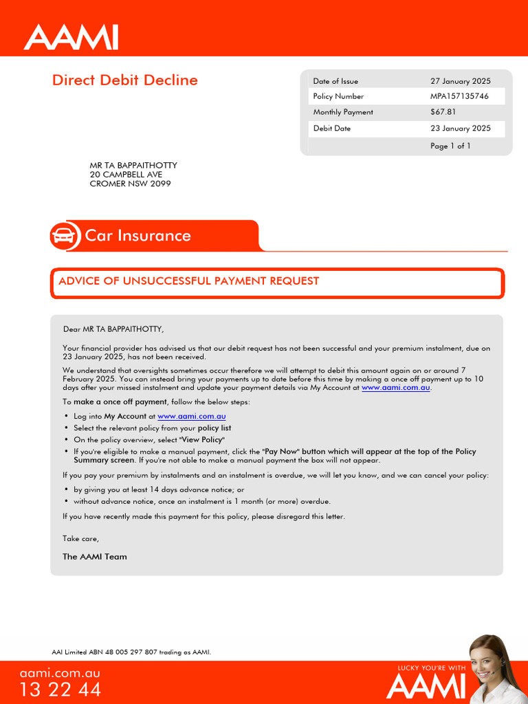 AAMI Car Direct Debit Rejection MPA157135746 | PDF