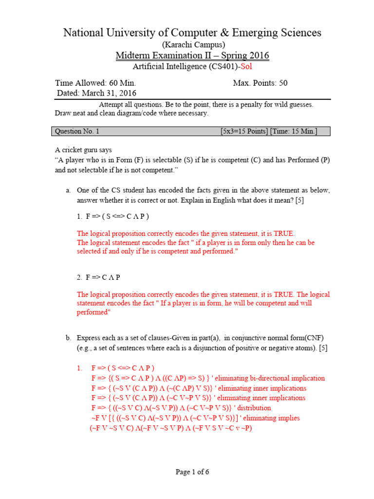 AI Mid02 Spring'16 Solution | PDF | Proposition | Logic