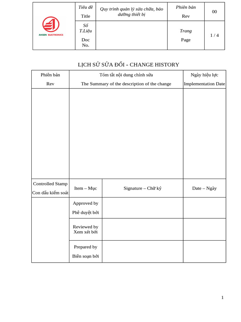 180420-Quy Trinh Bao Duong Va Sua Chua Thiet Bi | PDF