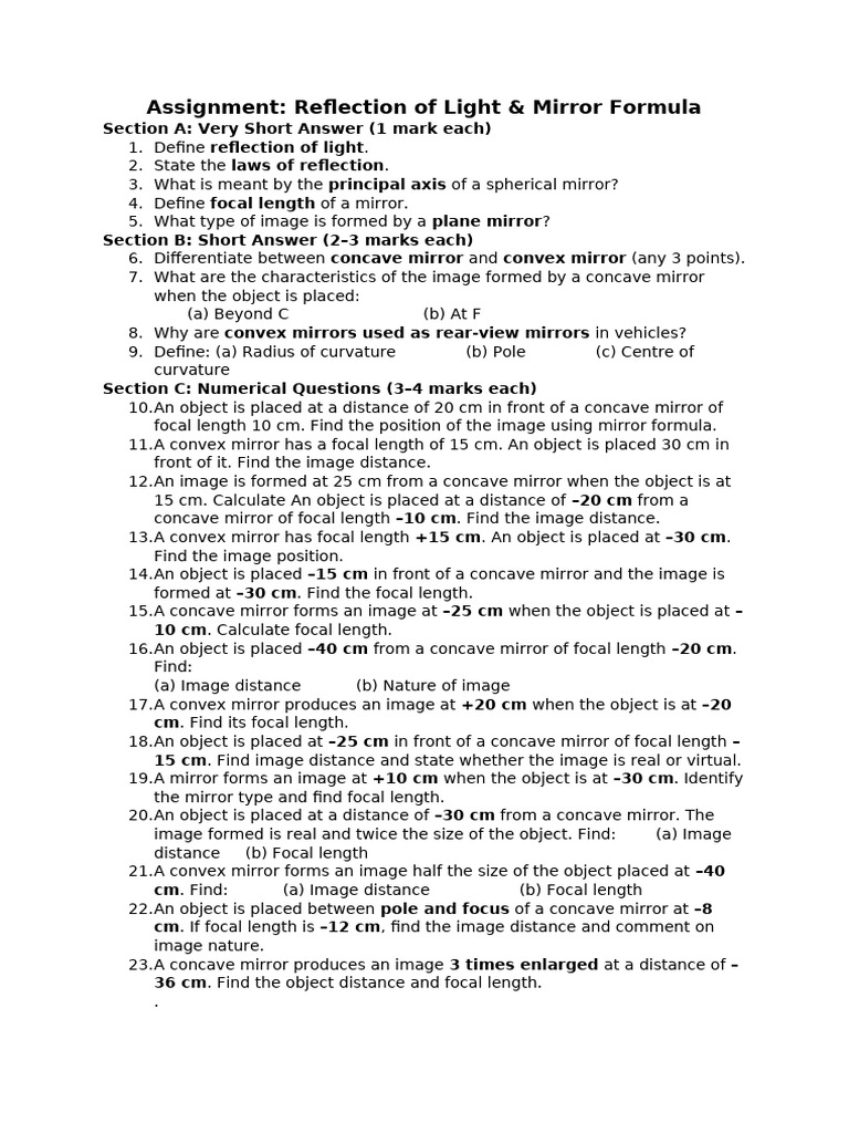 Assignment 2 Reflection Class 10 (2) | PDF | Mirror | Light