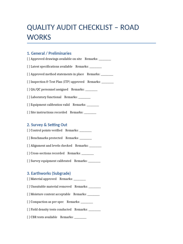 Road Work Quality Audit Checklist | PDF