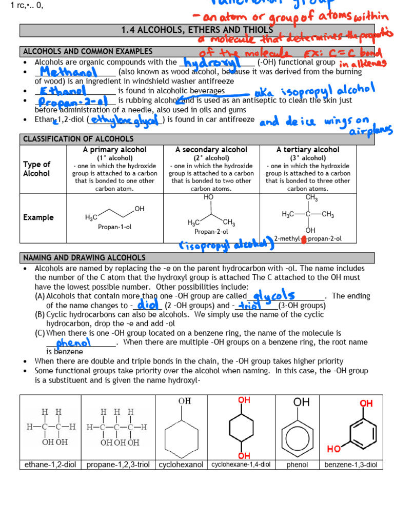 1.4 alcohols, ethers and thiols - student handout-1 | PDF | Chemical ...