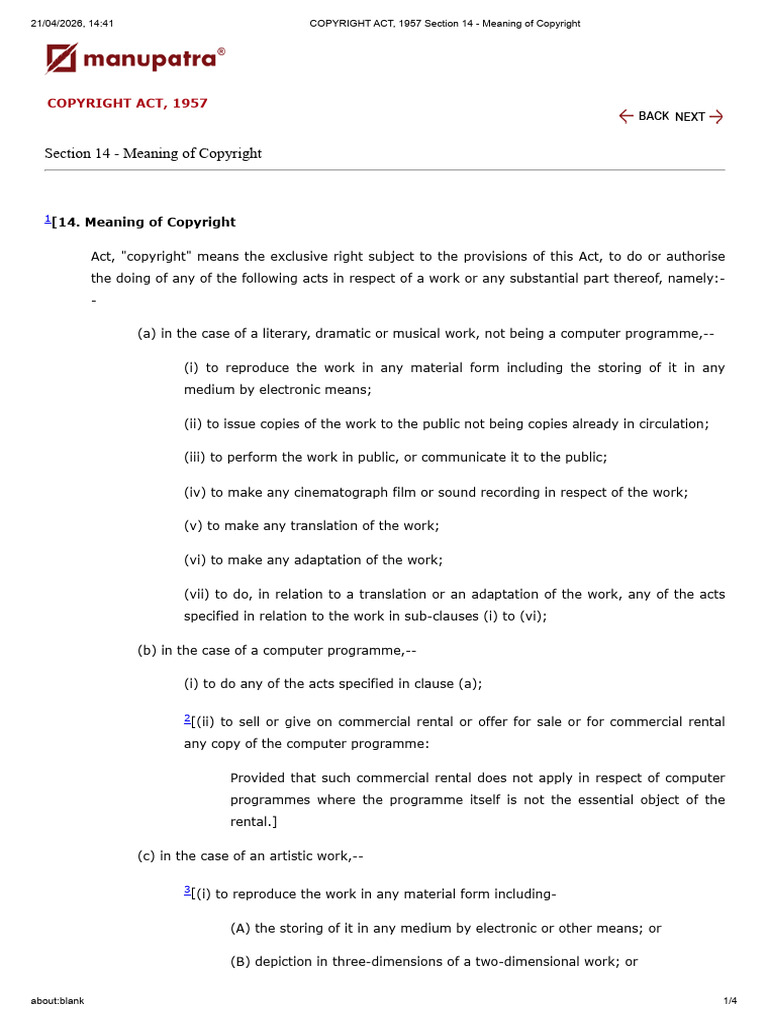 COPYRIGHT ACT, 1957 Section 14 - Meaning of Copyright | PDF | Copyright ...