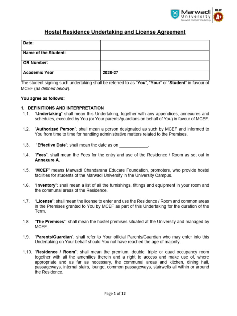 Hostel Residence Undertaking and License Agreement | PDF | Indemnity ...