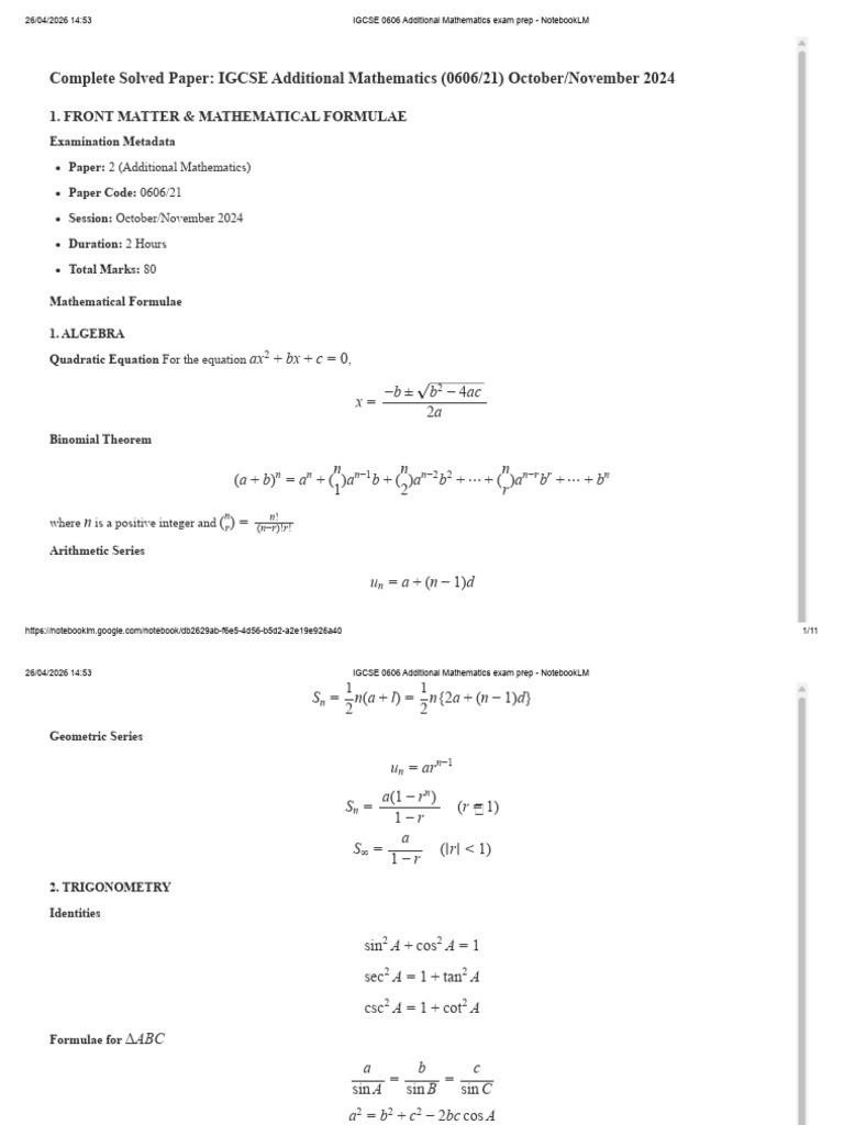 Detailed Solved Paper - IGCSE Additional Mathematics (0606 21) October ...