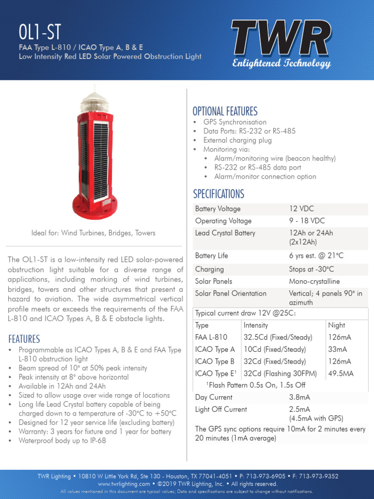 TWR OL1-ST L-810 Low Intensity Red LED Solar Temporary Obstruction ...
