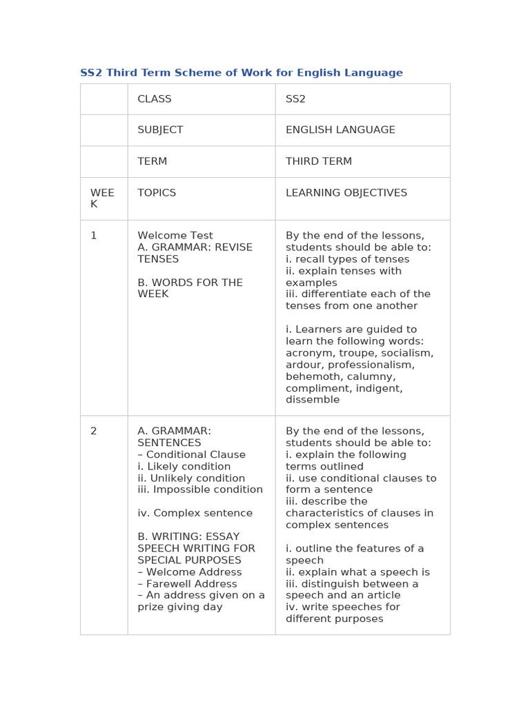 SS2_Third_Term_Scheme_of_Work_for_English_Language | PDF | Stress ...