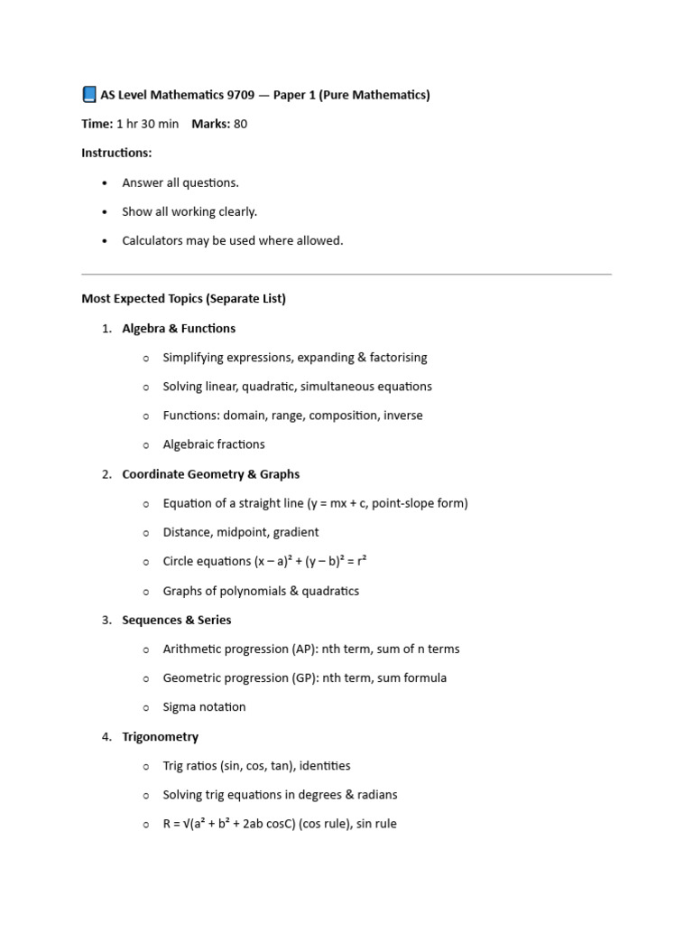 ? as Level Mathematics 9709 p1 | PDF | Equations | Trigonometric Functions