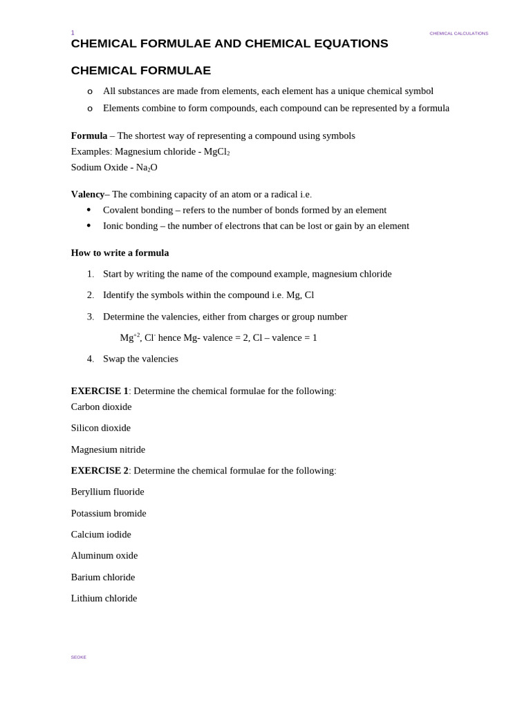Chemical Equatins and Calculations | PDF | Mole (Unit) | Oxide