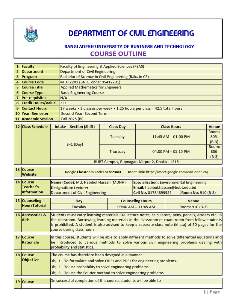 1. Course Outline MTH 2201 In8 Sec1 (DAY) Fall25 | PDF | Probability ...