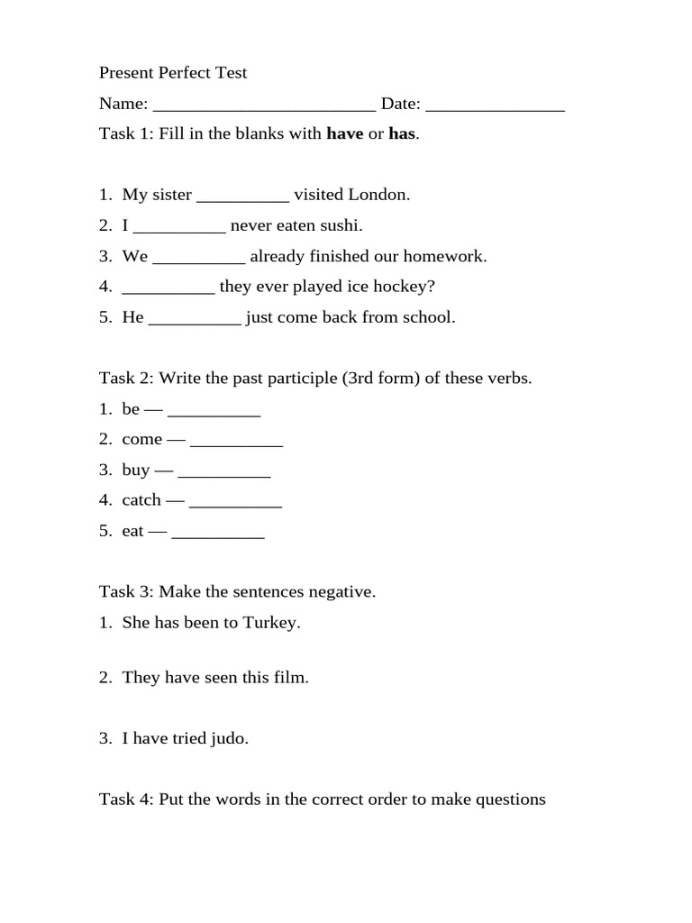 Present Perfect Test | PDF