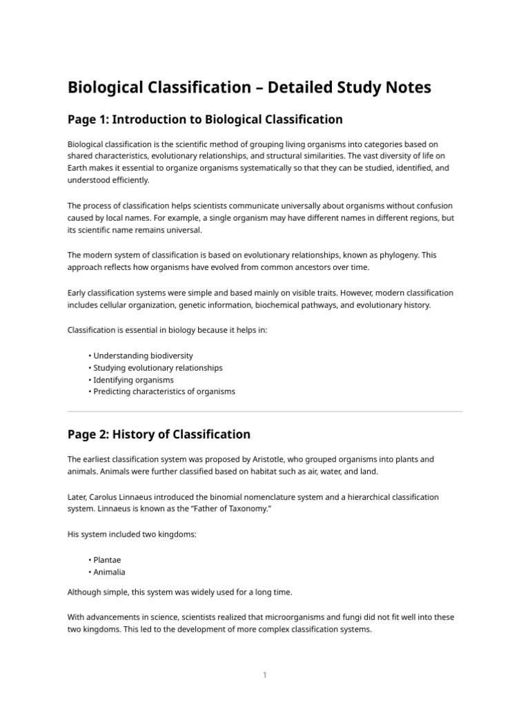 Biological Classification – Detailed Study Notes (10 Pages) | PDF ...