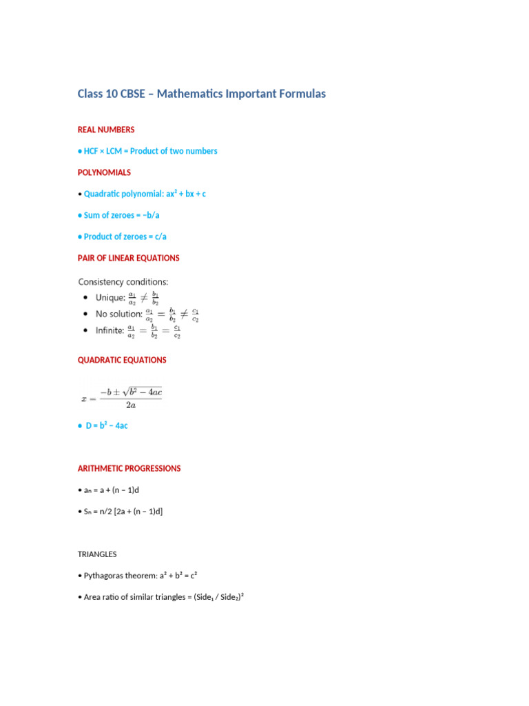 Class 10 Maths Important Formulas One Page | PDF