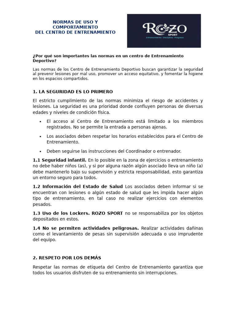 Normas de Comportamiento Centro de Entrenamiento Rozo Sport | PDF | Higiene