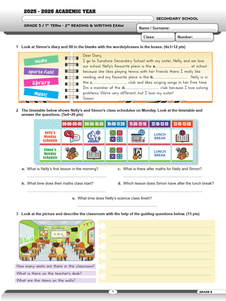 Grade 5 Term 1 Reading Writing Exam 2 | PDF