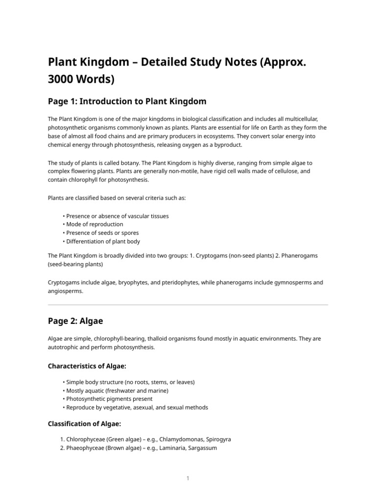 Plant Kingdom - Detailed Study Notes (10 Pages) | PDF
