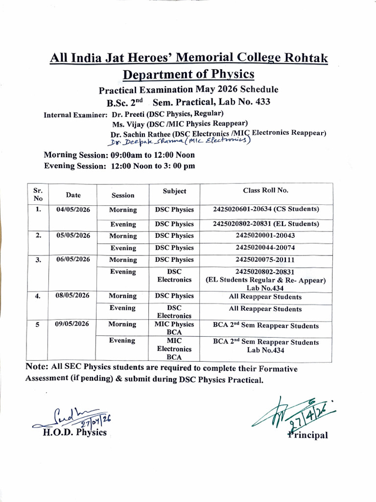 JCR Physics Practical (May 2026) Schedule | PDF