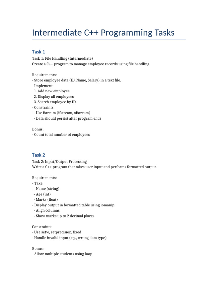 Intermediate CPP Tasks | PDF