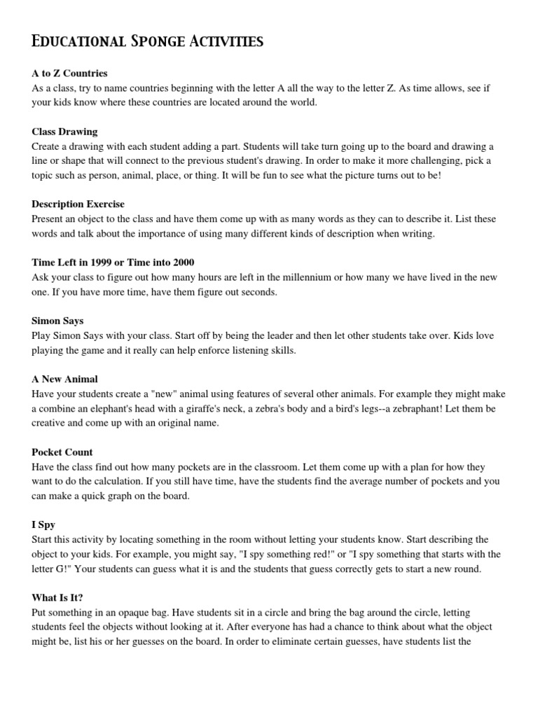 Educational Sponge Activities A To Z Countries Download Free PDF