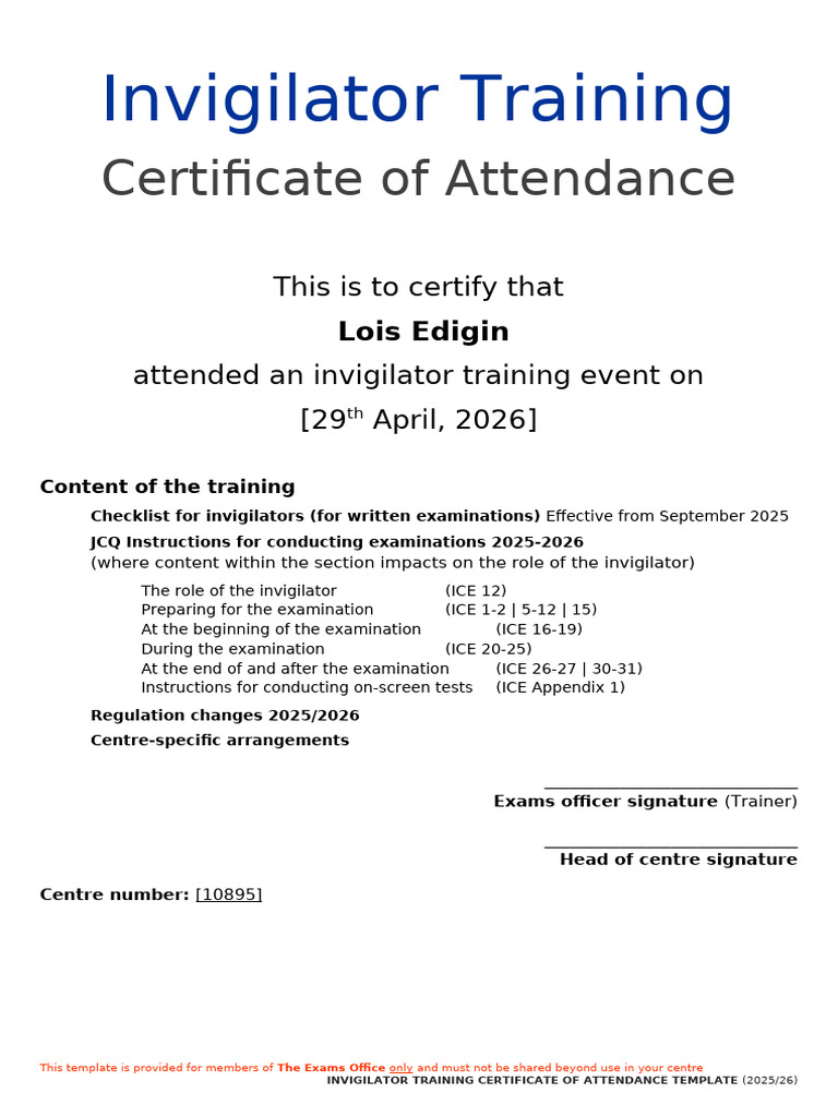25-26 Invigilator Training Certificate of Attendance Template | PDF