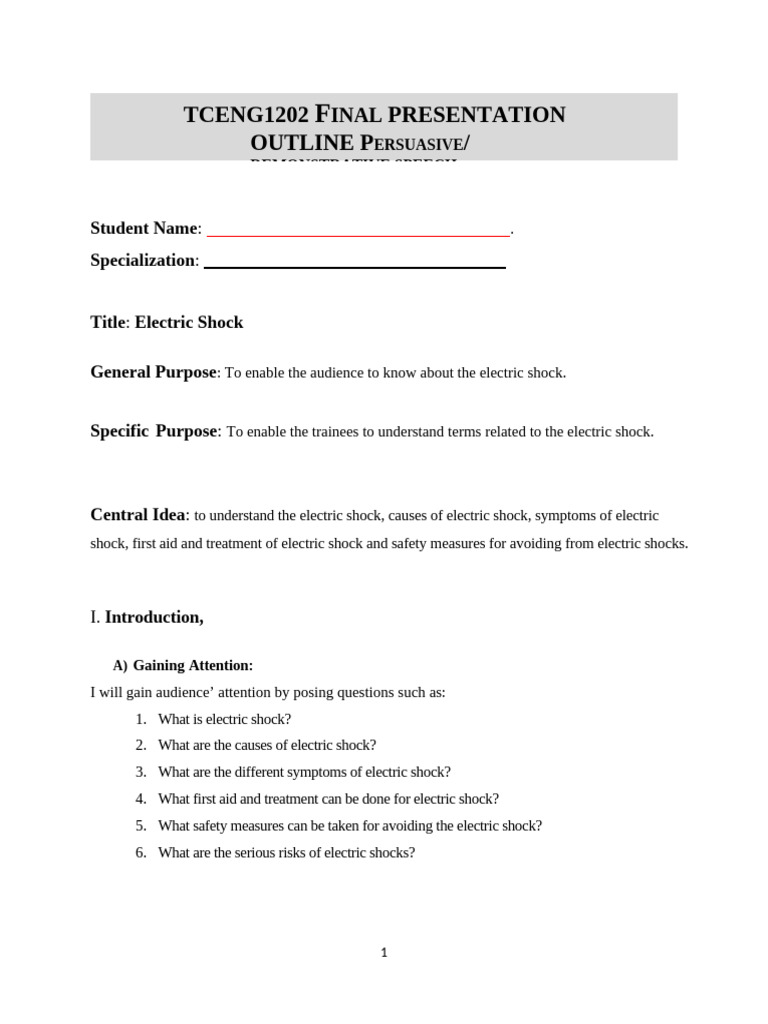 Final Outline Electric Shock | PDF | Electrician | First Aid