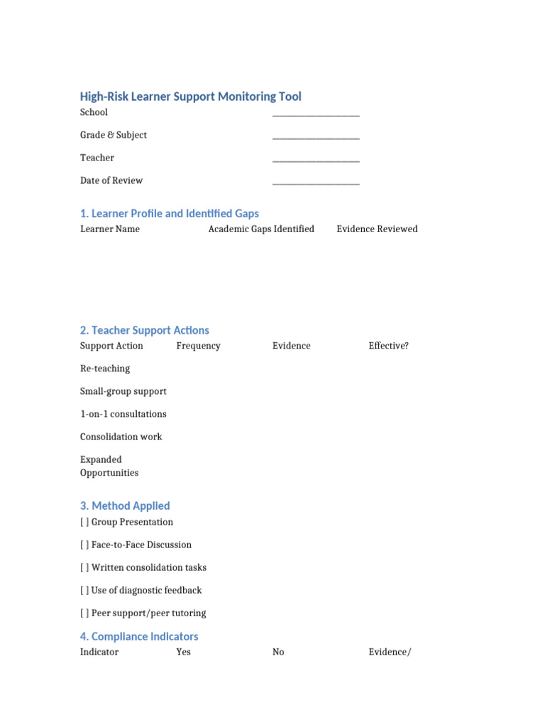 High Risk Learner Monitoring Tool | PDF