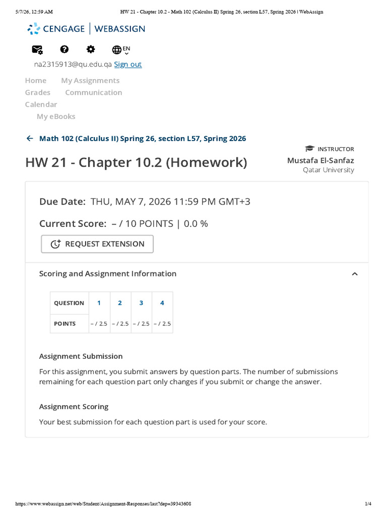 HW 21 - Chapter 10.2 - Math 102 (Calculus II) Spring 26, Section L57 ...