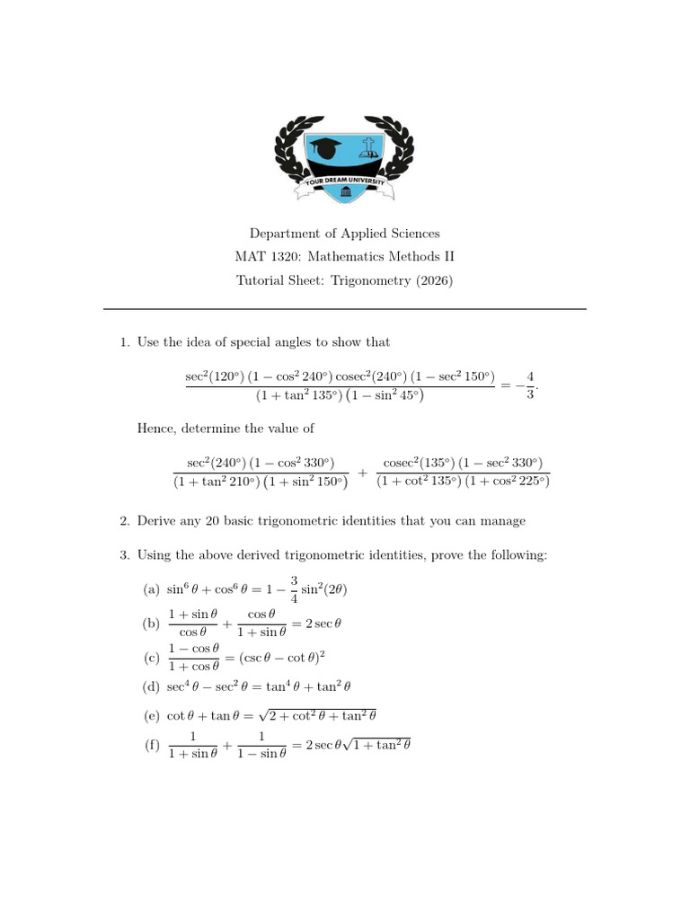 Tutorial Sheet Trigonometry | PDF | Trigonometry | Triangle Geometry