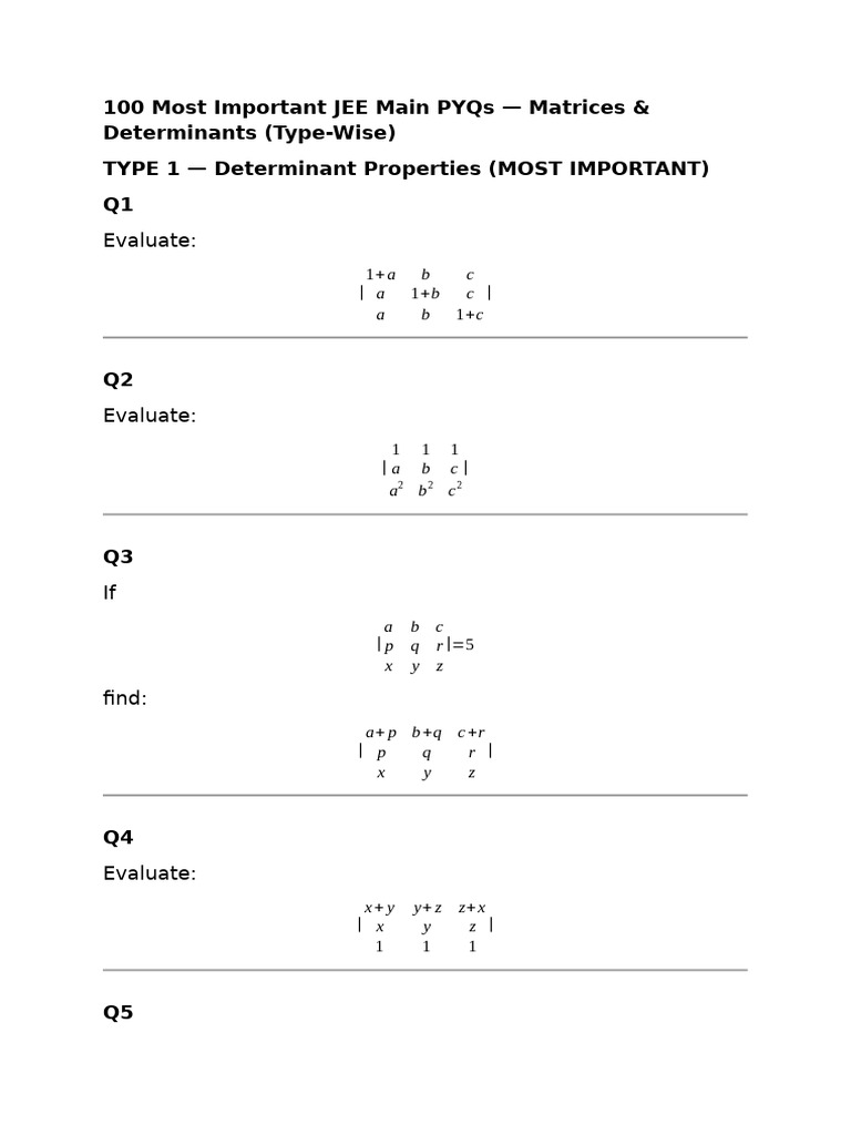 100 Most Important JEE Main PYQs | PDF | Determinant | Matrix (Mathematics)