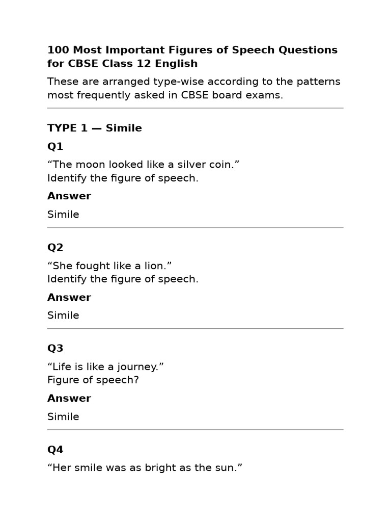 100 Most Important Figures of Speech Questions for CBSE Class 12 ...