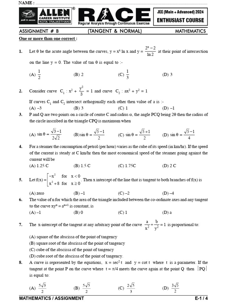 Tangent & Normal | PDF | Tangent | Angle